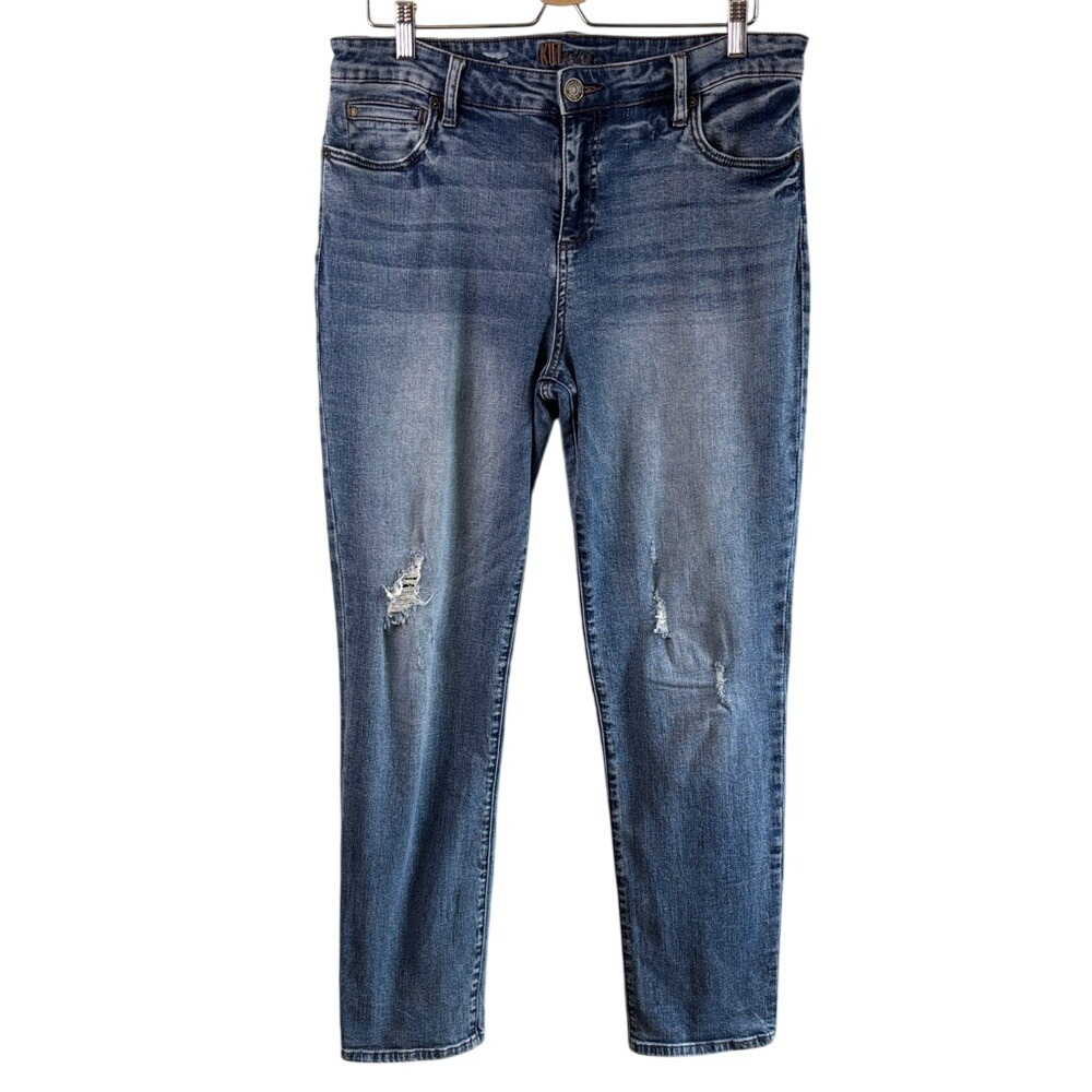 Kut From The‎ Kloth Size 14 Straight Leg Jeans Distressed Stretch Blue Denim